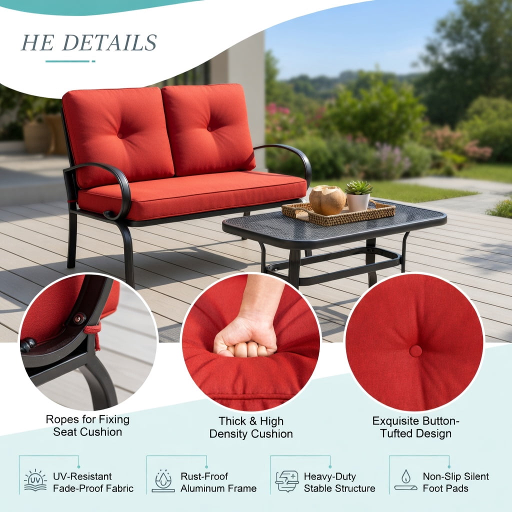 Hommoo 2-Piece Outdoor Patio Furniture Set, Cushioned Steel Loveseat & Coffee Table, 4" Thick Cushions, Easy Assembly, Red