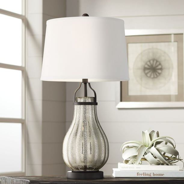 Franklin Iron Works Modern Farmhouse, Mercury Glass Bottle Base Table Lamp With Grey Linen Shade