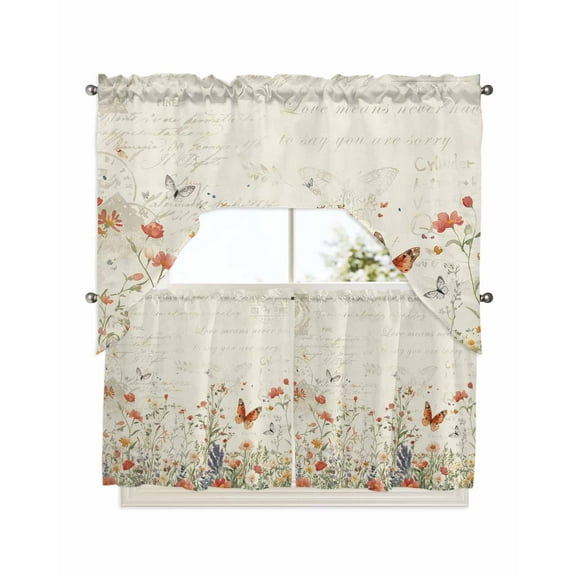 Retro Spring Floral Kitchen Curtains Swag Valance and Tier Curtains Set 24 Inch Length, Botanical Colorful Summer Butterfly Rod Pocket Drape Panels Pair Swag Curtains for Bathroom/Cafe/Window