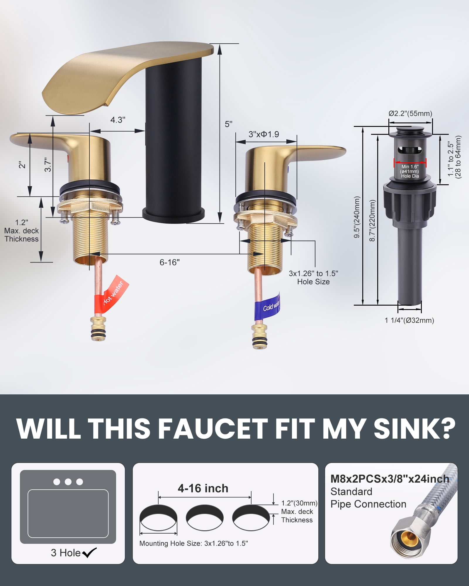 WOWOW Waterfall Bathroom Faucet 3 Holes 8Inch Widespread Bathroom Sink Faucet