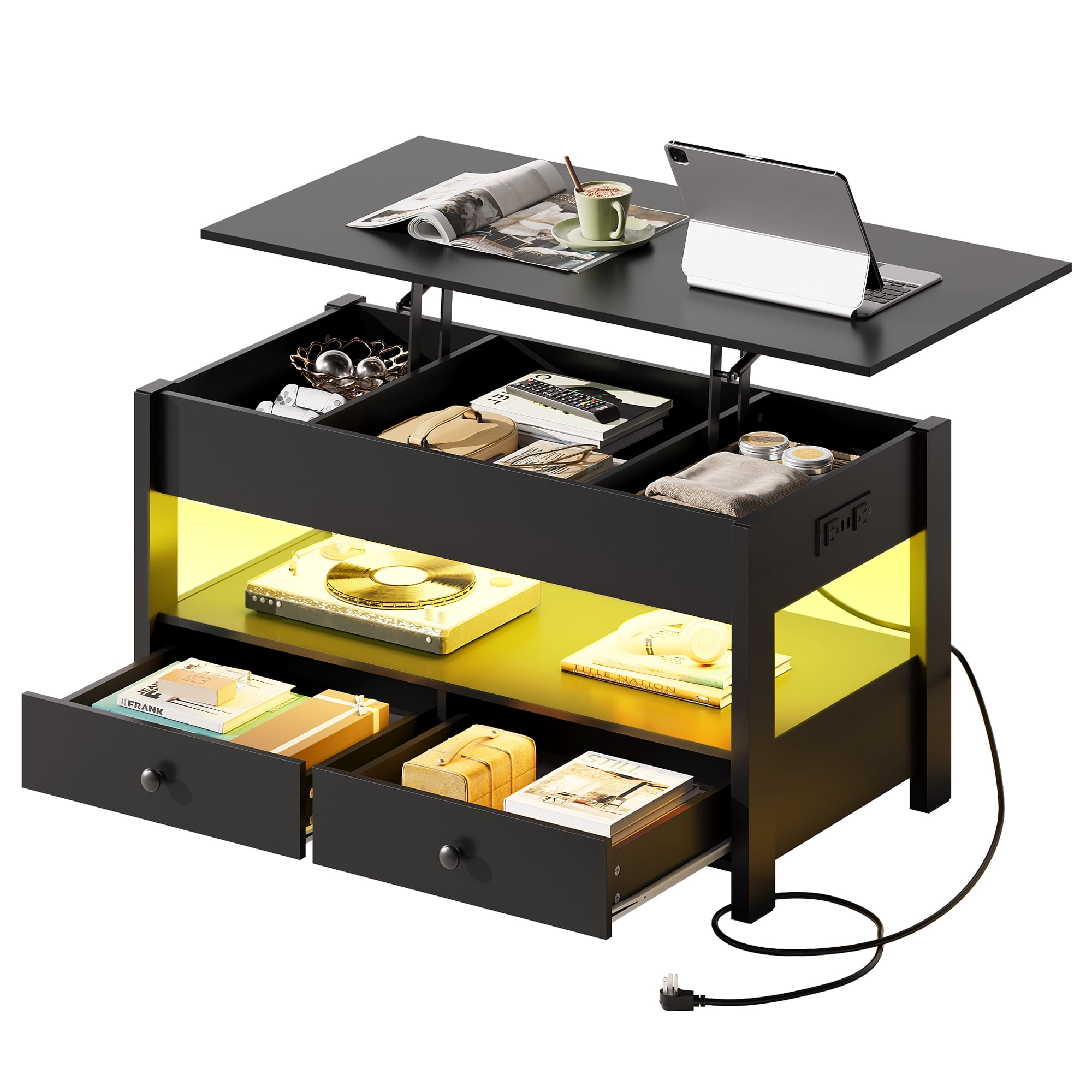 GALAXHERO Lift Top Coffee Table for Living Room Table with 2 Drawers & LED Light & Large Storage and Open Shelf Black