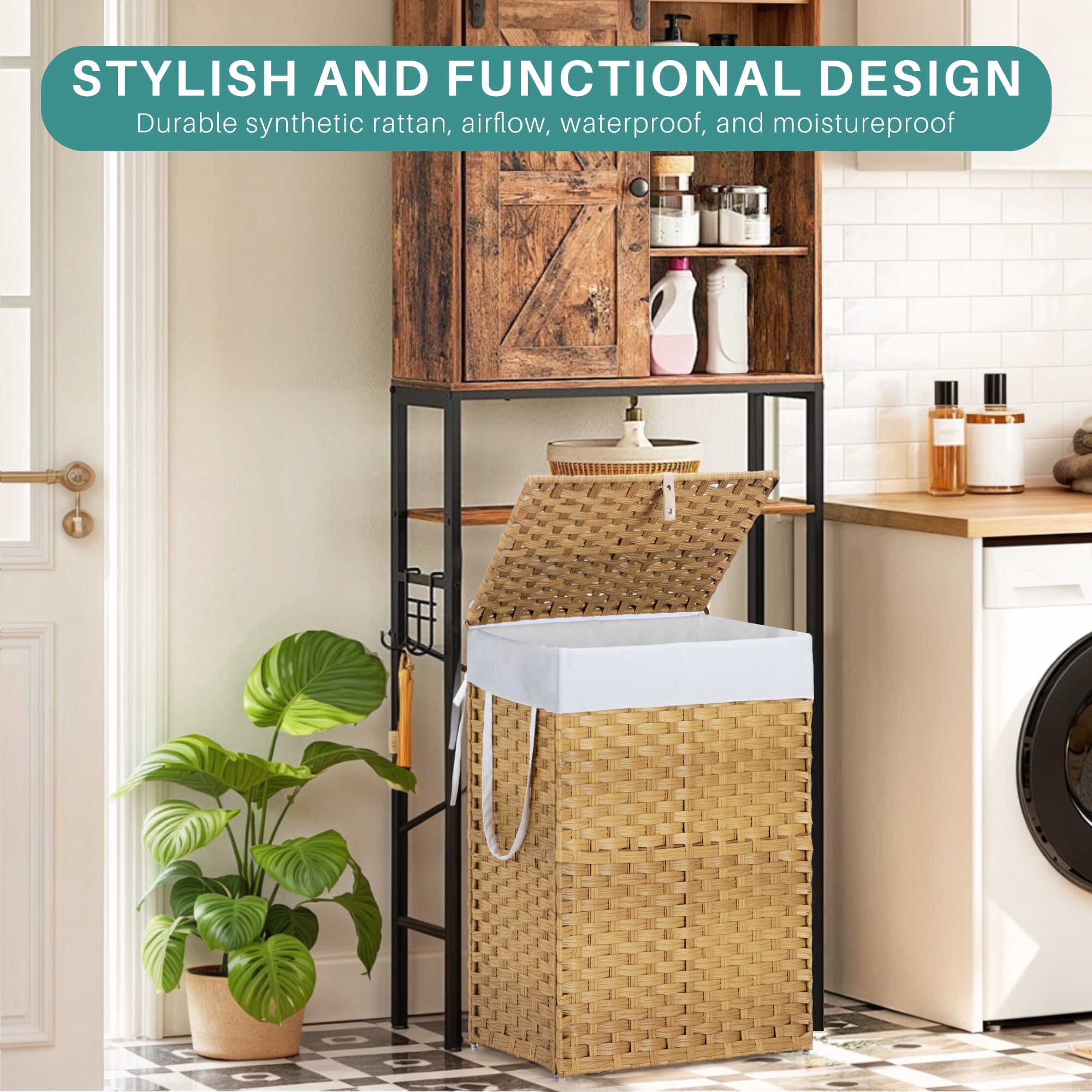 90L Foldable Laundry Hamper with Lid and Removable Liner, Wicker Basket for Bedroom & Bathroom, Yellow