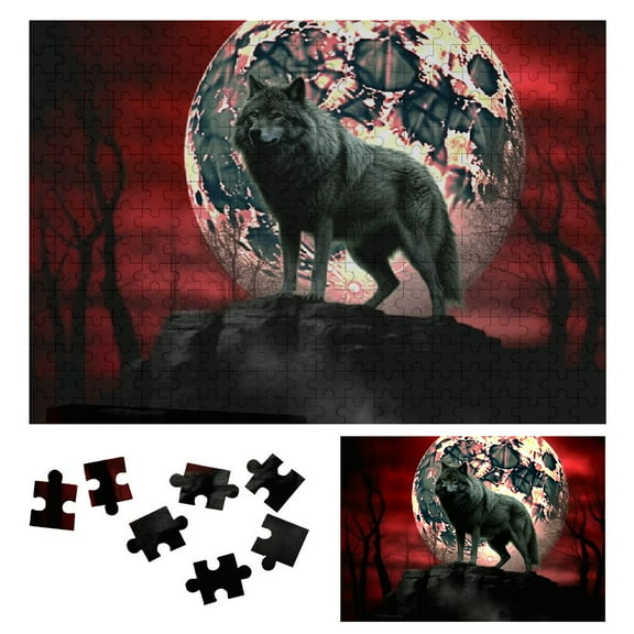 Shiartex Wolf Full Moon Gothic Art Wooden Jigsaw Puzzle for Adults, Hard Challenge Gift for Family Friends 300 PCS