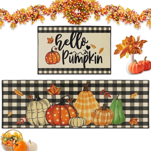 ArtSocket Pumpkin Thanksgiving Fall Kitchen Rugs and Mats Non Skid Washable Set of 2, Sunflower Buffalo Grid Maple Kitchen Runner Rug,Kitchen Floor Mat Under Sink Mat Throw Rug for Doormat