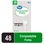Great Value Disposable Compostable Forks, Residential Single Use, White, 48 Count Pack