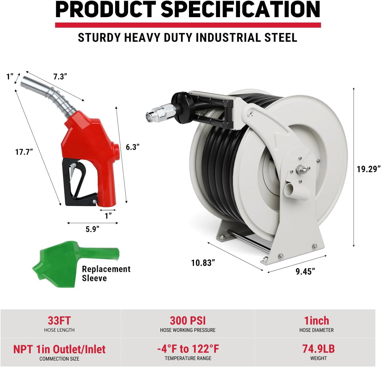 Fuel Hose Reel 1" x 33' Retractable with Fueling Nozzle Diesel Hose Reel 300 PSI Industrial Auto Swivel Heavy Duty Steel Construction for Farm Ship Vehicle Tank, Silver
