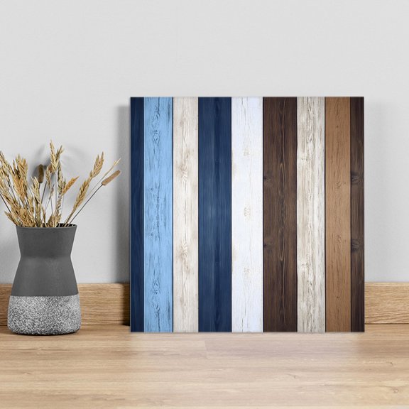 Blue Brown Farmhouse Wall Art Painting on Canvas, Vintage Retro Wooden Canvas Art Home Prints Wall Art Framed Modern Artwork for Living Room Bedroom Wall Decor 16x16in