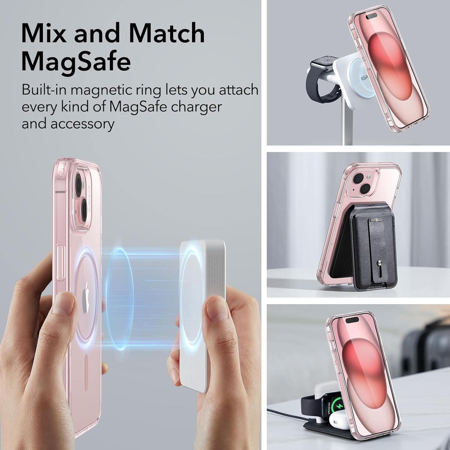 CRKMGS-for iPhone 15 Case, Compatible with MagSafe, Military-Grade Protection, Yellowing Resistant, Scratch-Resistant Back, Magnetic Phone Case for iPhone 15, Classic Series, Clear Pink