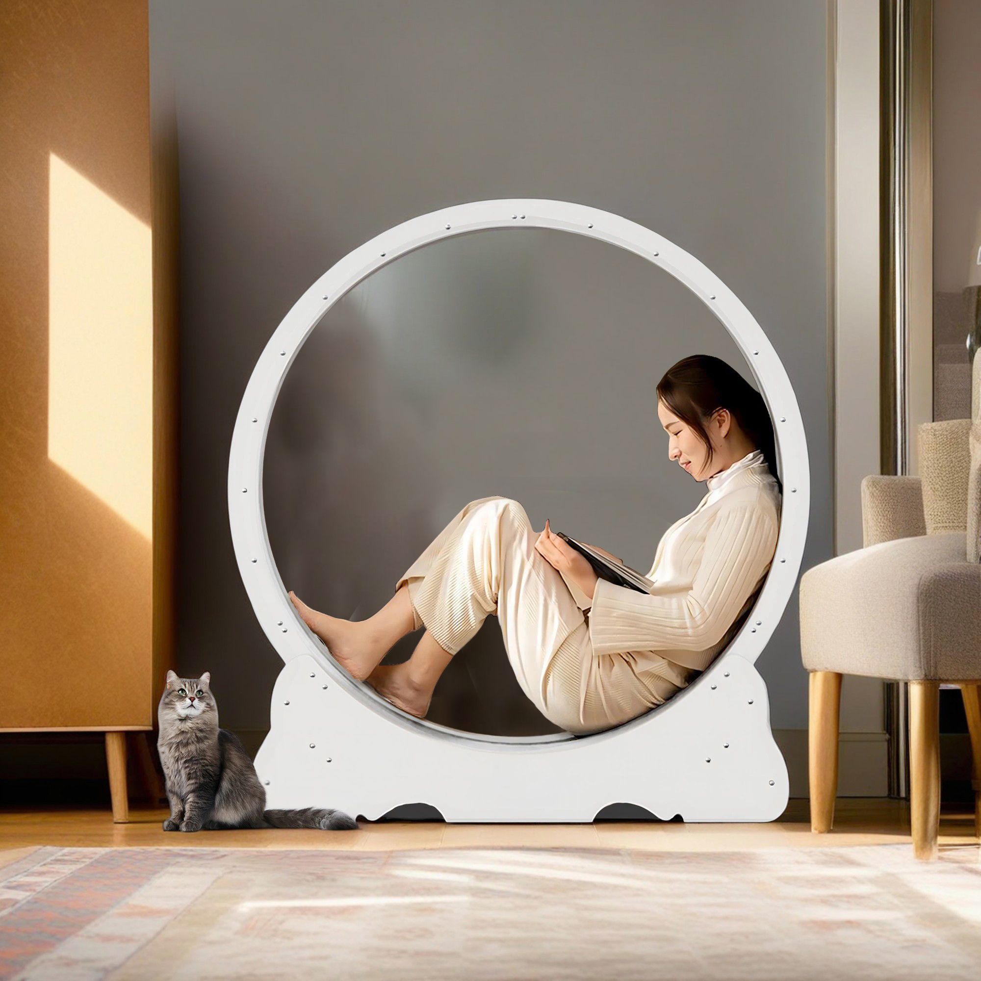 Pefilos 45" Cat Exercise Wheel for Indoor Cats, Large Cat Running Wheels, Cat Treadmill Wheel with Locking Mechanism for Cat's Healthy, White