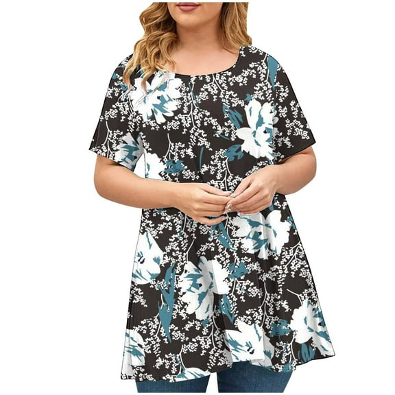 Drses Womens Summer Tops Women's Plus Size Top Short Sleeved Basic Printed Casual Round Neck T-shirt Wide Hem Large Cotton Shirt Tops for Women Trendy