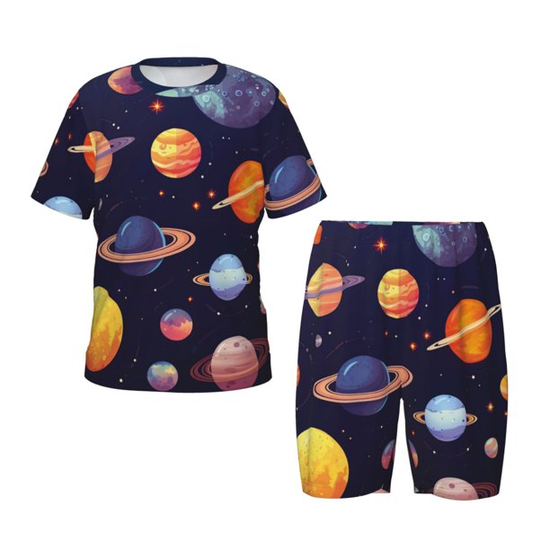 Balery Space Planet Conjunto de Pijama Infantil de Manga Corta con Estampado – Ropa de Dormir de Algodón Suave-Small
