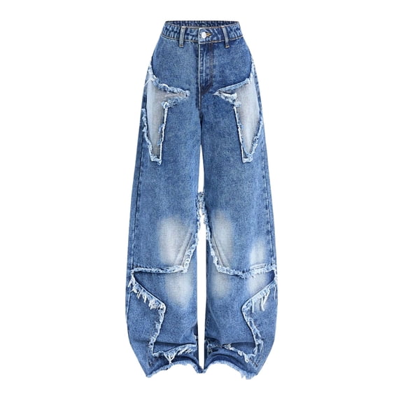 KVPLBQFD Straight Leg Jeans for Tween Girls Star Patch High Waist Denim Pants Teen Raw Hem Baggy Trousers Teens Vintage Fashion Grunge Aesthetic Streetwear