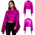 thumbnail image 5 of Haitryli Shiny Fringe Cropped Jacket for Women Long Sleeve Lapel Zip Up Western Style Biker Outerwear Hot Pink L, 5 of 6
