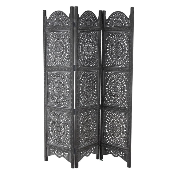 DecMode 60" x 72" Black Wood Floral Handmade Foldable Partition 3 Panel Room Divider Screen with Carved Designs, 1-Piece