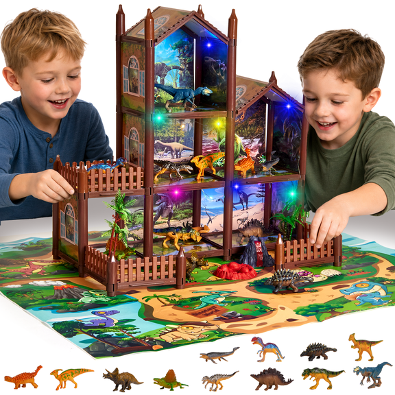 Dinosaur Dollhouse Playset, Pretend Play House Toy with 12 Dinosaurs & Accessories,  14 Rooms Dollhouse Toy for Kids