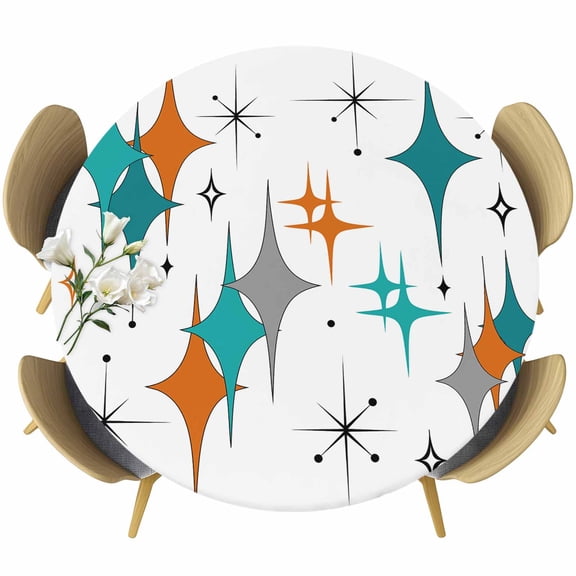 Boho Middle Century Round Tablecloth 55-60 Inch Round Fitted Table Cloth with Elastic Edge, Retro Orange Teal Grey Star Rhombus Waterproof Table Cover Protector for Outdoor Picnic Party Dining
