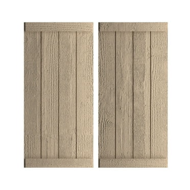Ekena Millwork 22"W x 90"H Rustic Four Board Joined Board-n-Batten Rough Sawn Faux Wood Shutters w/End Batten (Per Pair), Primed Tan