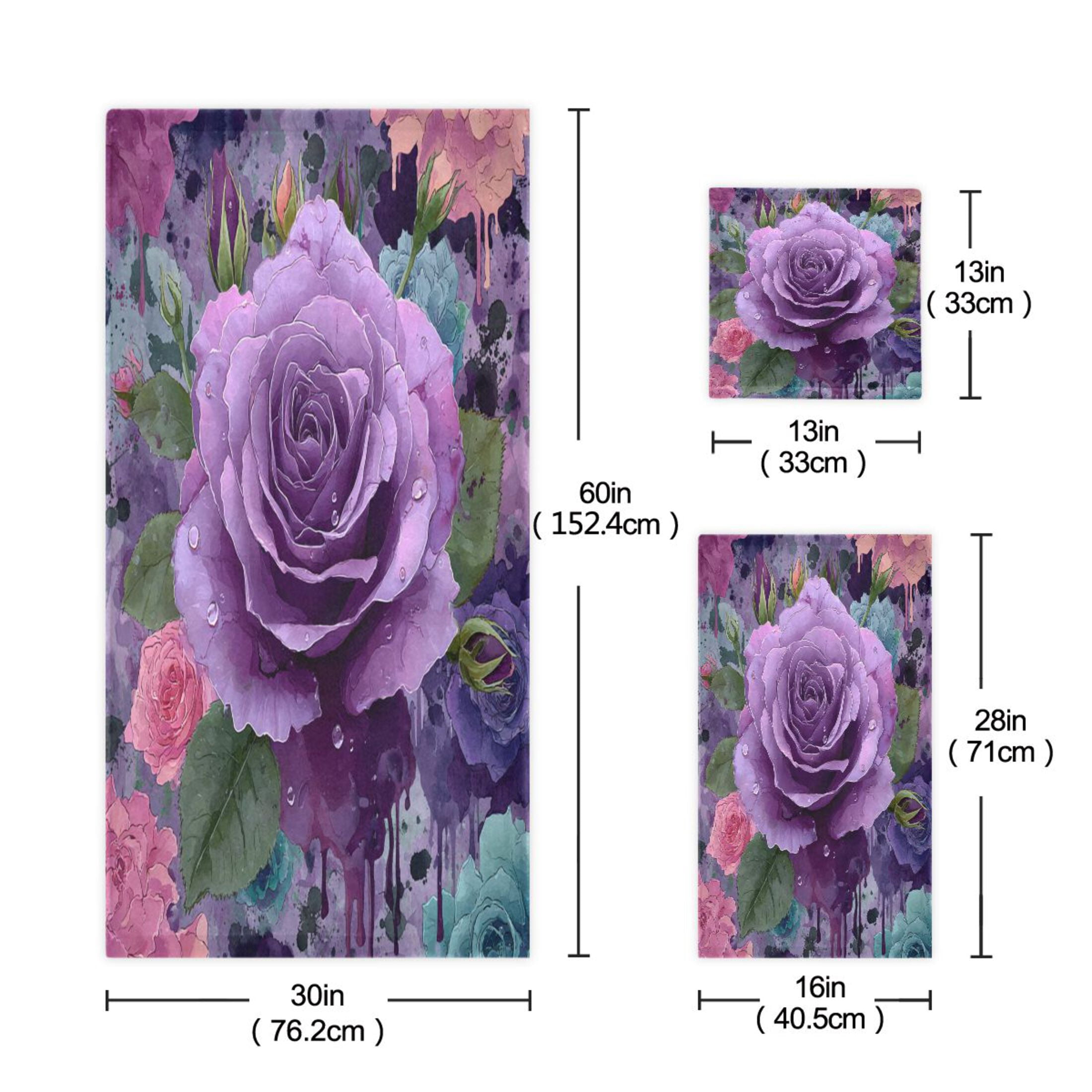 3 Sizes of Towel Sets Including Bath Towel Hand Towel and Washcloth for Daily Use Purple Rose Gradient Painting
