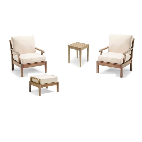 Sack 4 Pc Lounge Chair Set: 2 Lounge Chairs, Ottoman & Side Table With Cushions in Sunbrela Fabric #57003 Canvas White