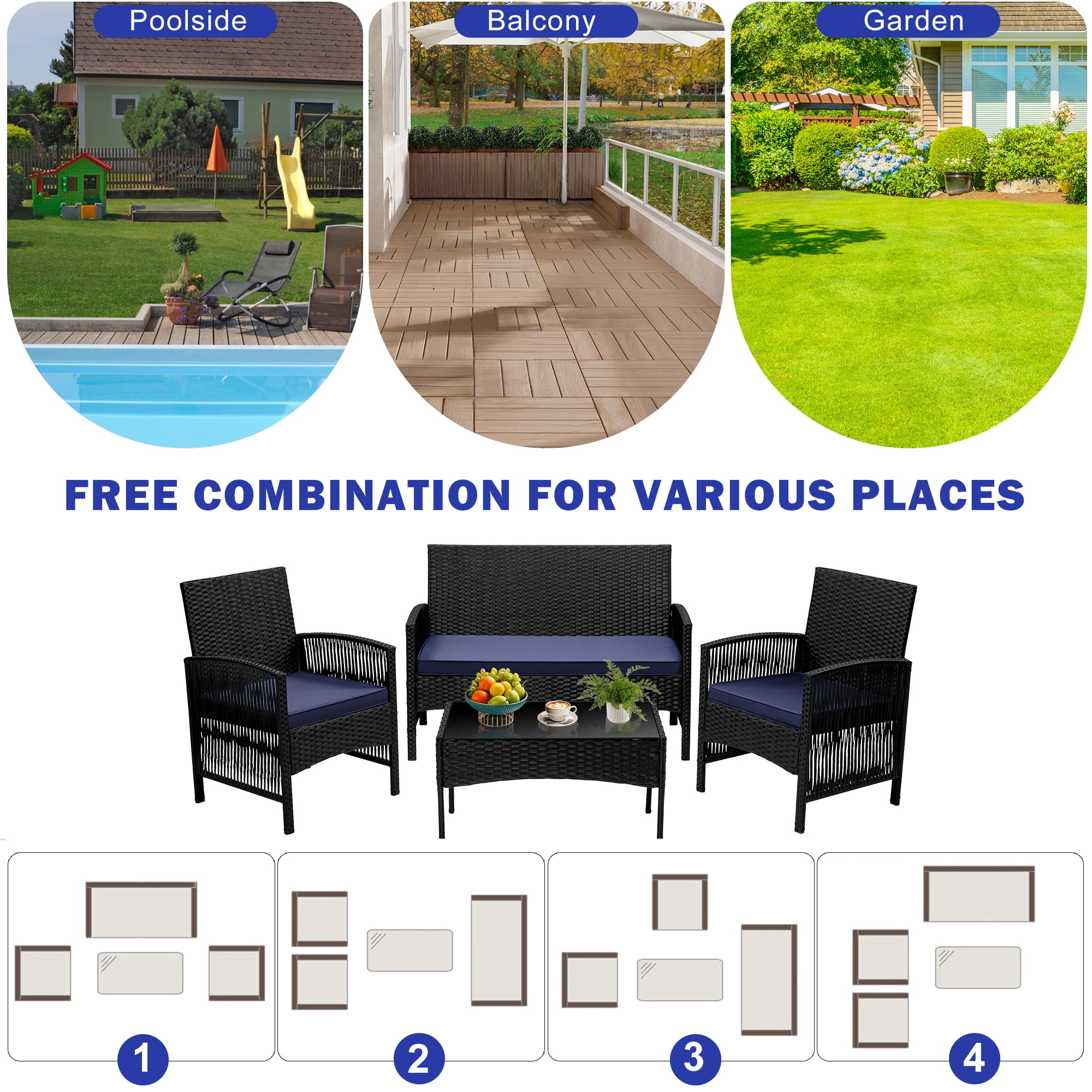 Patio Furniture Set on Sale, 4 Pieces Outdoor Rattan Conversation Sofa Set, All-Weather Wicker Patio Sets, Cushioned Sofa and Coffee Table for Garden Deck Courtyard, Nevy