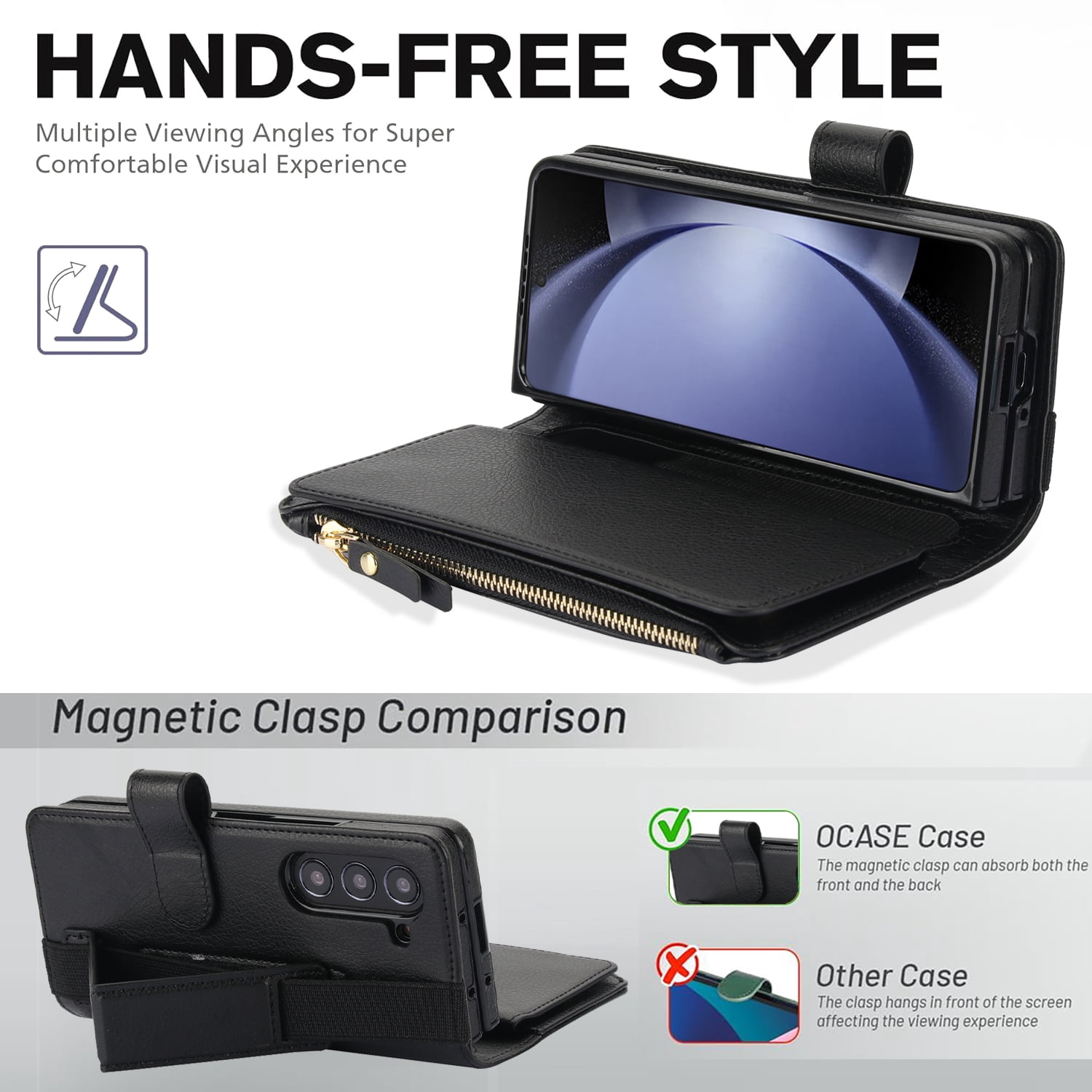 Allytechgroup for Samsung Galaxy Z Fold 7 Case Wallet, 7 Cards Slots Cash Zipper Pocket S Pen Holder Hand Strap Wrist Flip Cover Protective Phone Case for Samsung Galaxy Z Fold 7,Black