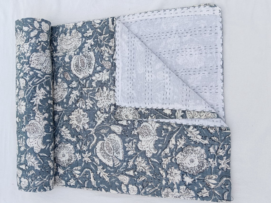 Kantha Quilt Sofa cover Floral pattern kantha quilt Handmade Bedspreads indian pattern Quilted Kantha cotton quilt A And Textiles House