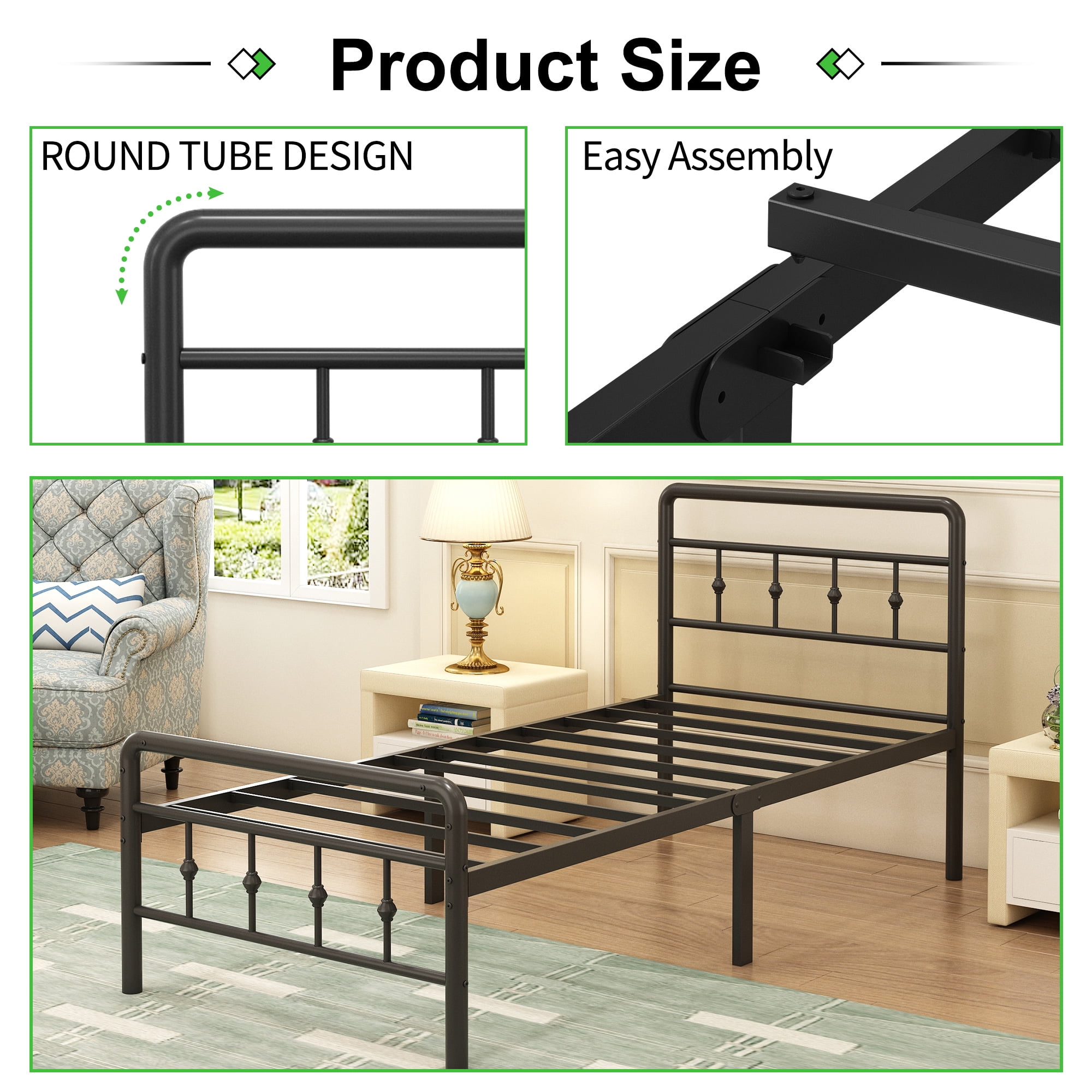 Maenizi 18 inch Twin XL Bed Frames with Headboard and Footboard, Heavy Duty Metal Twin XL Platform Bed Frame No Box Spring Needed, Easy Assembly, Under Bed Storage, Noise Free, Black