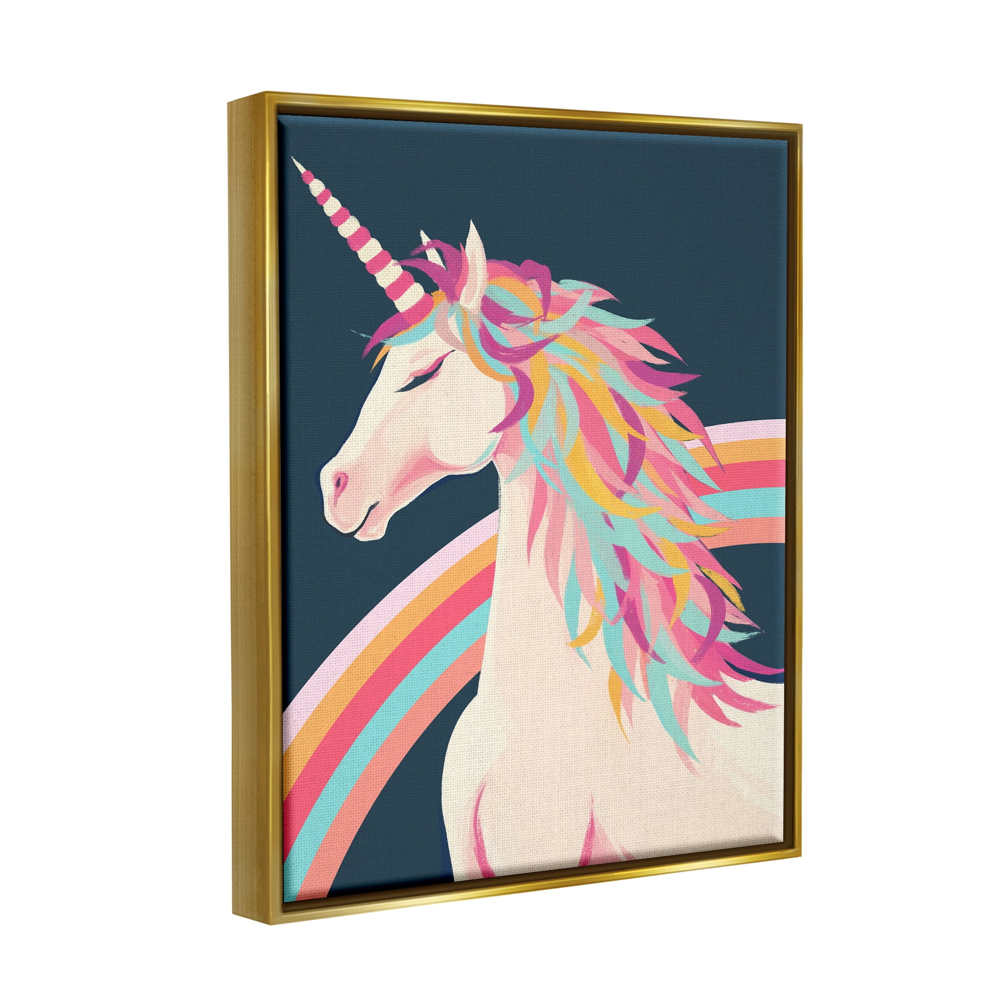 Stupell Industries Unicorn Rainbow Mane Fairy Tales & Fantasy Painting Gold Floater Framed Canvas Art Print Wall Art, 25 x 31