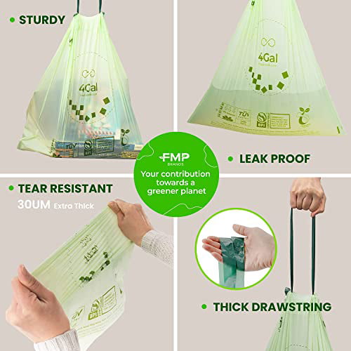 200 Counts Compostable Trash Bags 4 Gallon Drawstring Trash Bags, AYOTEE Ultra Strong Unscented Garbage Bags Small Trash Bags Waste Basket Liners for
