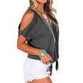 thumbnail image 4 of Sonducket Camiseta de mujer con cuello en V y hombros descubiertos, blusa informal de manga corta, negro, 3XL Prendas para la parte del cuerpo Gris oscuro M, 4 of 6