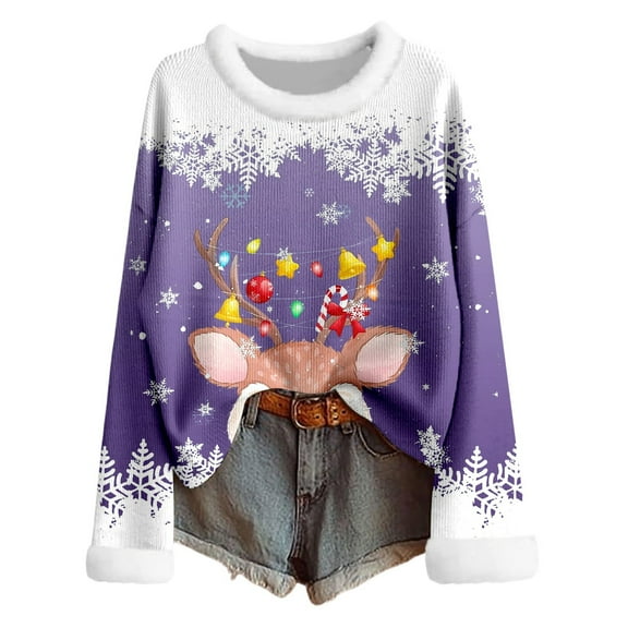 Tiweut Womens Christmas Sweaters Loose Fit Pullover for Cozy Yarn Long Sleeve Crewneck Tunic with Holiday Graphic Print Design Winter Wear Relaxed Fit Blouses,Purple,S