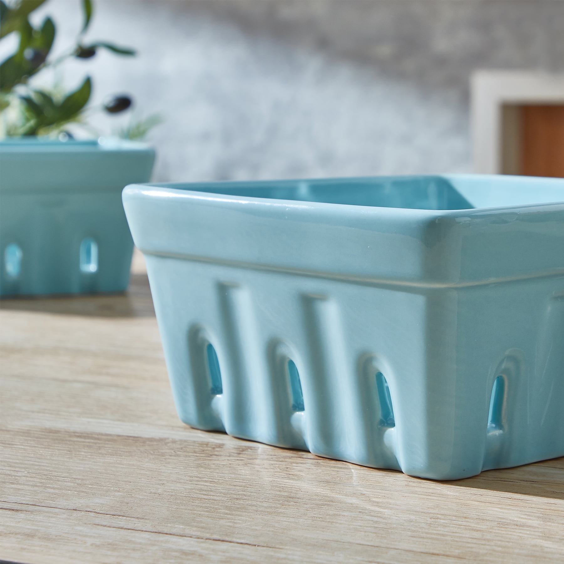 CONTENPO Ceramic Berry Basket Square Fruit Bowls with Holes Berry Bowl Colander Fruit Basket for Kitchen Décor - 5.9" Berry Containers for Fridge, Set of 2, Blue