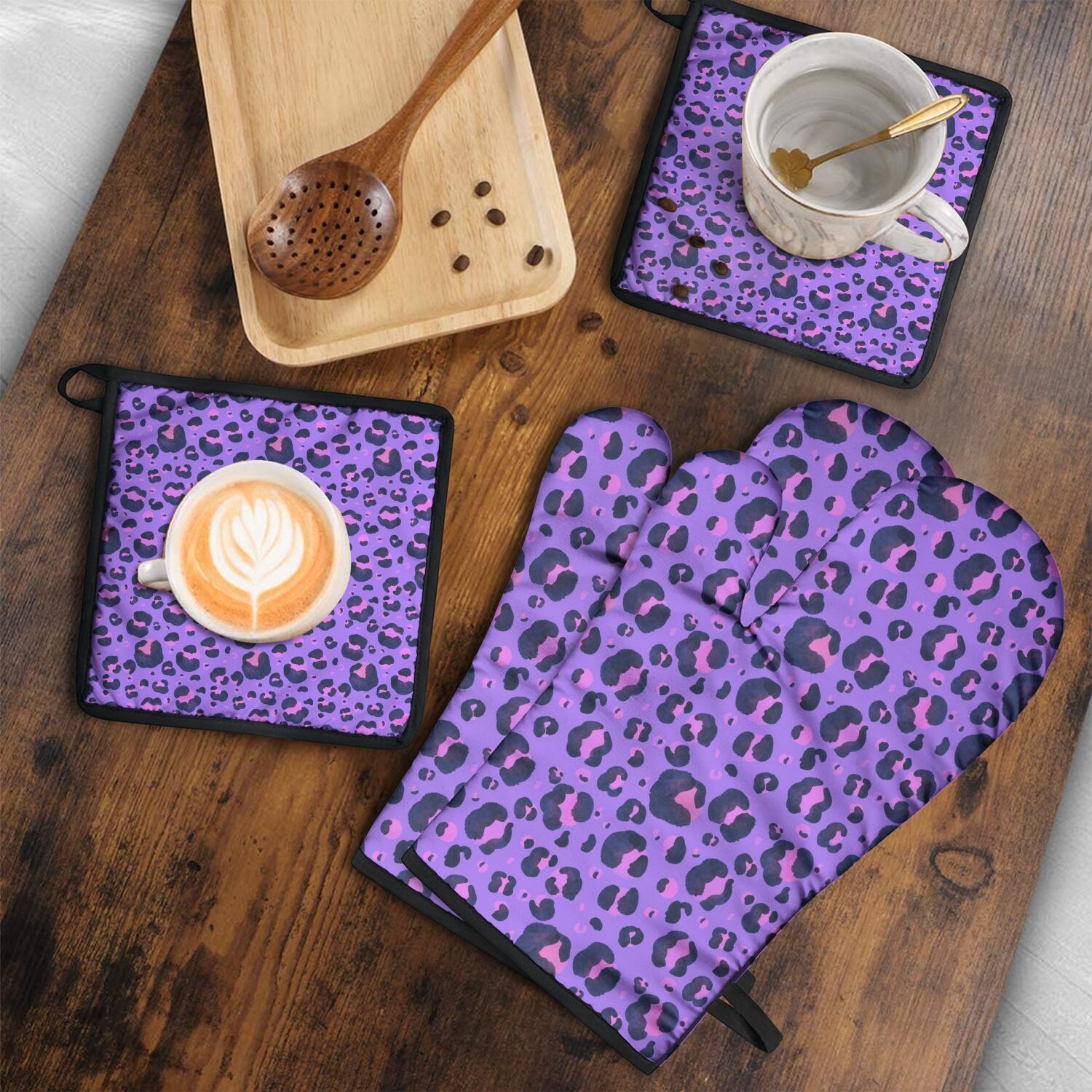 Leopard Print Oven Mitts and Pot Holders Set Of 4, Heat Resistant Kitchen Gloves with Non-Slip Grip, Hanging Loop, Soft Cotton Lining for Baking, Cooking, Grilling, Barbecue