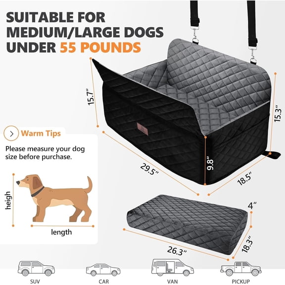 Dog Car Seat for Medium Dogs up to 55 lbs or 2 Small Dogs, Booster Car Seat with 4" Egg-Crate Foam, Detachable & Washable Cover (Black/Grey)