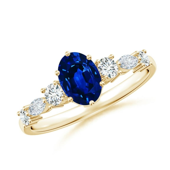 ANGARA Lab Grown Oval Blue Sapphire Side Stone Engagement Ring for Women in 14K Yellow Gold (Size-7x5mm) | September Birthstone, Anniversary, Jewelry Gift for Women | Lab-Grown Blue Sapphire Ring
