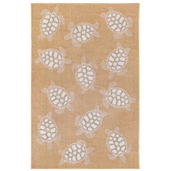 CARMEL Indoor/Outdoor Power Loomed Synthetic Blend Low Profile Area Rug - Transitional Coastal Turtle Decorative (Seaturtles Sand) (3'3" x 4'11")