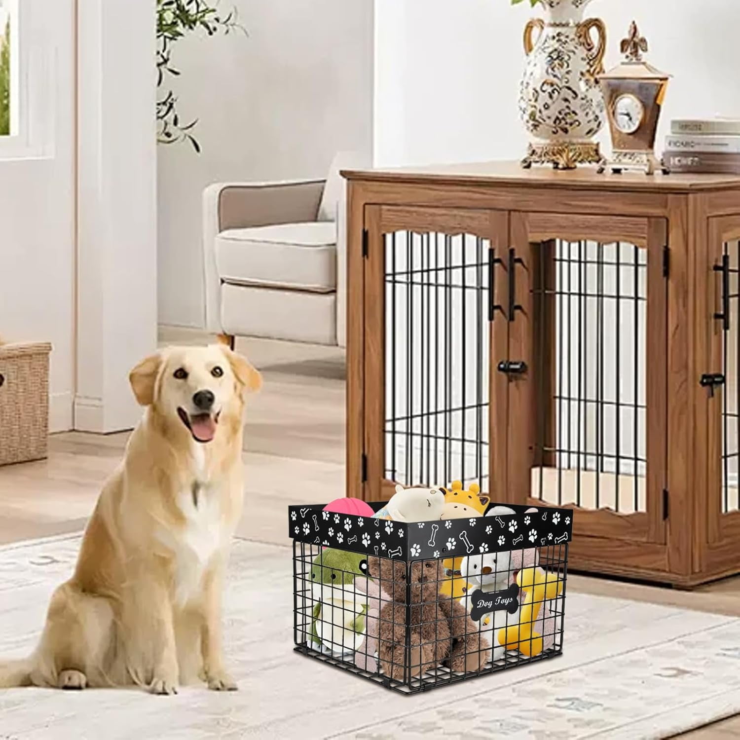 Brabtod Chew-Proof Dog Toy Organizer, Large Metal Wire Folding Storage Basket, Pet Toy Box with Durable Construction - Black