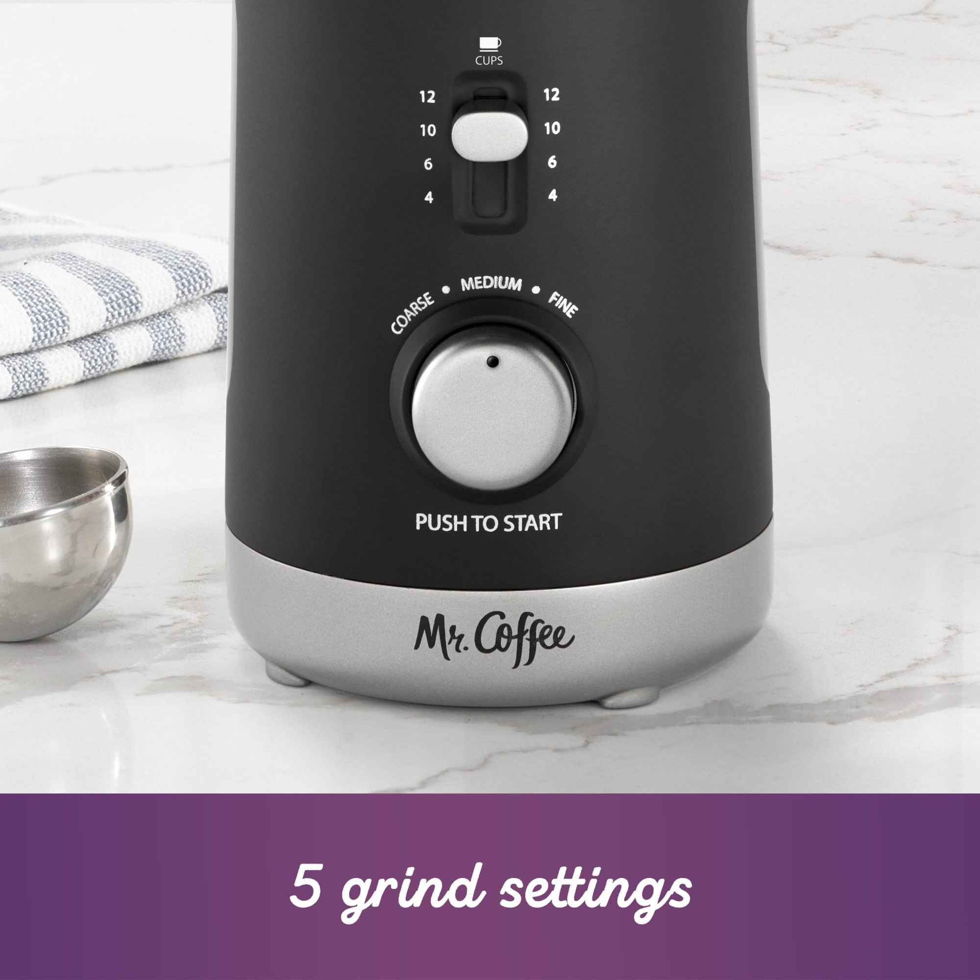 Mr. Coffee Multi-Grind 12 Cup Automatic Coffee Grinder | Chamber Cleaning System | 5 Grind Settings | Auto Shutoff