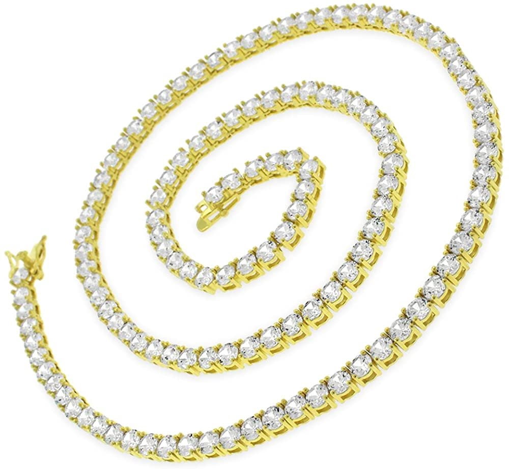 925 Italian Sterling Silver 4mm Tennis Necklace, Iced Out Round Cut CZ Cubic Zirconia Yellow Gold Plated Link Chain, Giorgio Bergamo 22