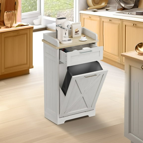 DWVO Kitchen Tilt Out Trash Can Cabinet, 10 Gallon Freestanding Trash Bin Recycling Cabinet with Hideaway Drawer, Single Door-White