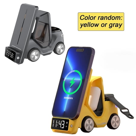 Elnone 4 In 1 Wireless Charging Station with Alarm Clock, Multi Device Charging Dock for iPhone, Apple Watch & AirPods, Yellow/Gray