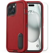 ULAK Case for iPhone 15 With Screen Protector Built In Kickstand, Heavy Duty Military Shockproof Phone Case for Apple iPhone 15 6.1" 2023, Red