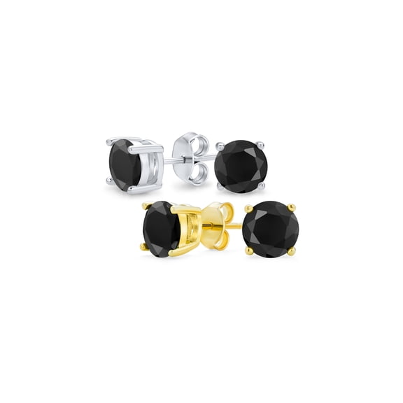 Bling Jewelry Unisex Set of 2 Black Round Solitaire CZ Stud Earrings Gold Plated Sterling Silver 6MM
