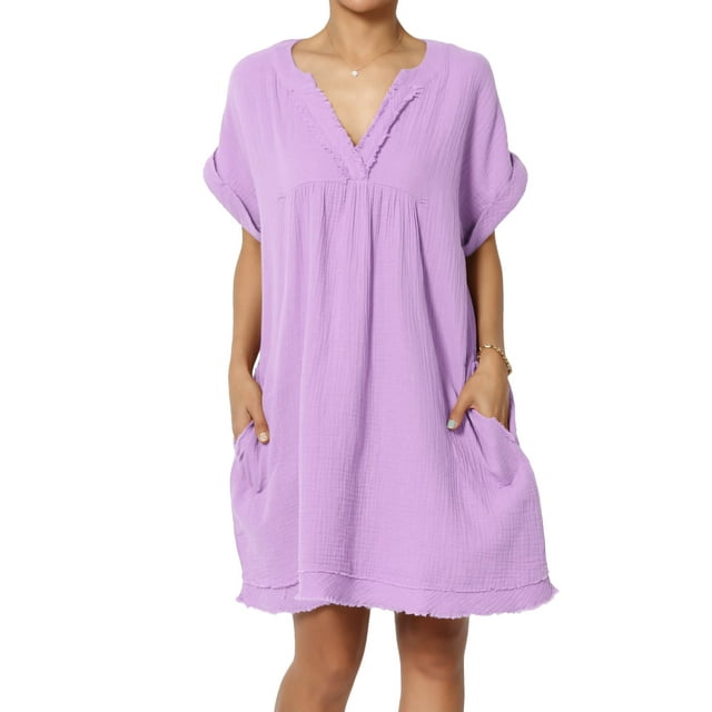 Robe Mini Babydoll en Gaze de Coton à Manches Courtes Col en V Décontractée pour Femmes