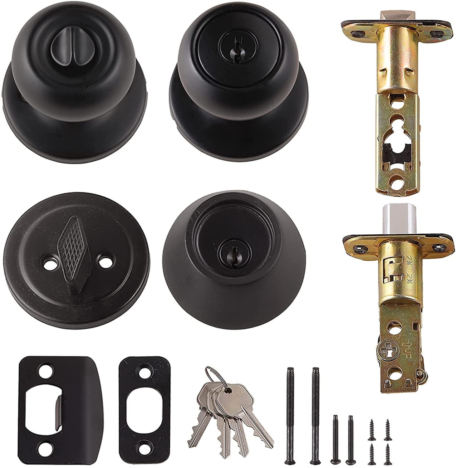 Exterior Door Knob With Key Lock and Deadbolt, Keyed Alike, Coastal, Matte Black