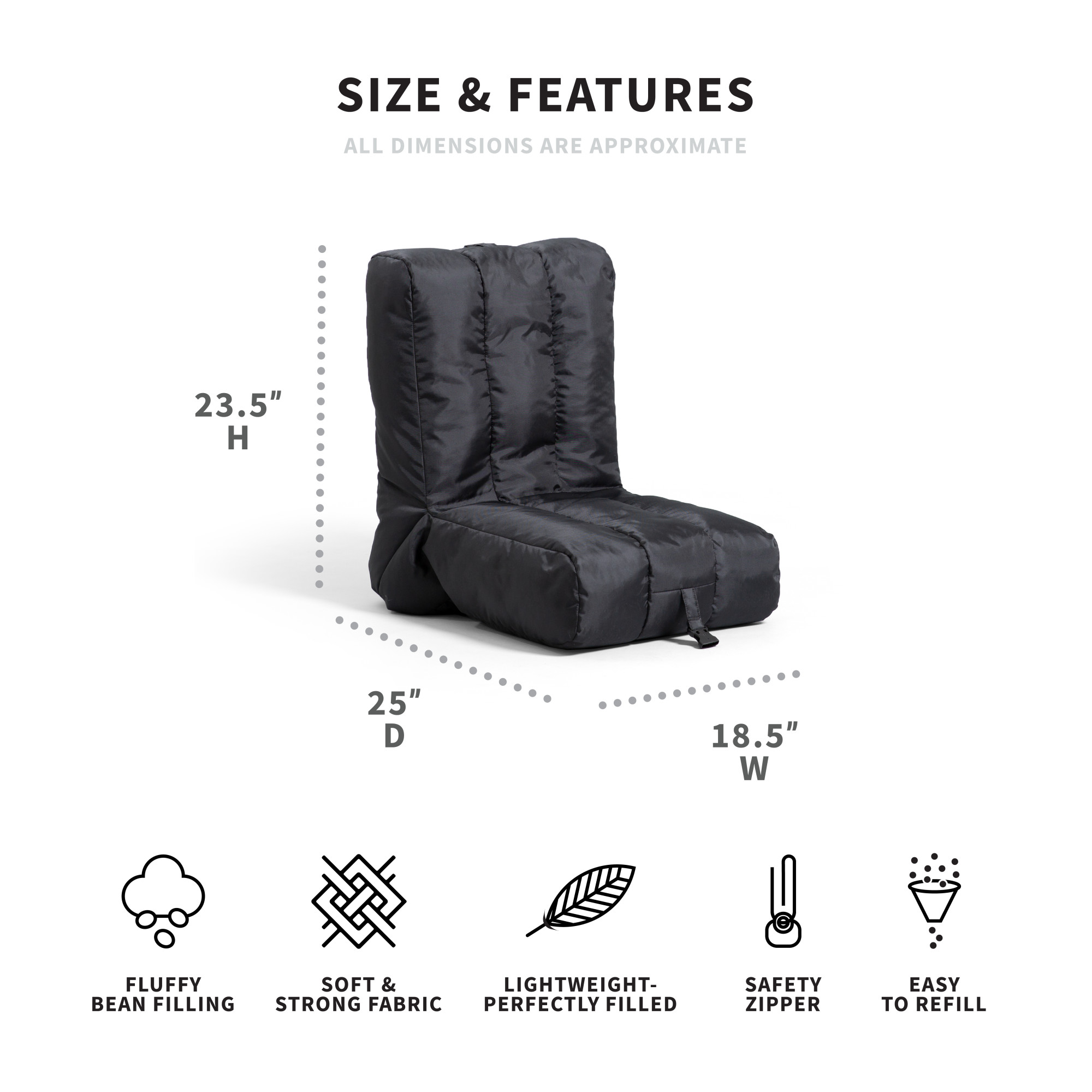 Big Joe Grab & Go Travel Bean Bag Chair, Black SmartMax, Durable Polyester Nylon Blend, 1.5 feet - image 3 of 9