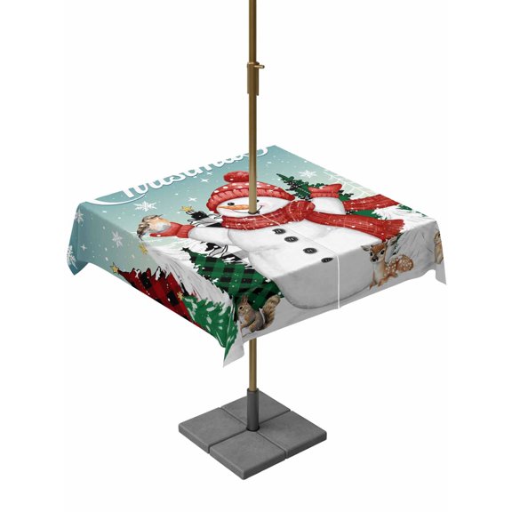 Outdoor Tablecloth with Umbrella Hole and Zipper, Teal Snowman Christmas Square Table Cloth 60x60 Inch Waterproof Tablecloth, Xmas Tree Snowflake Elk Winter Picnic Table Cover for Patio Camping