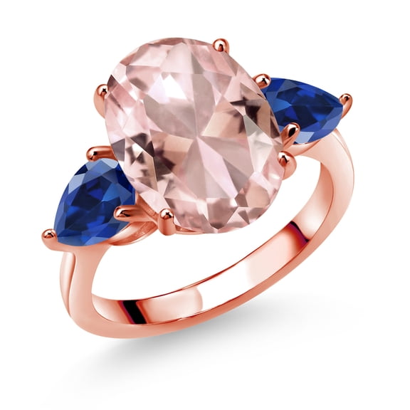 Gem Stone King 18K Rose Gold Plated Silver Peach Nano Morganite and Blue Created Sapphire Ring for Women (11.20 Cttw, 14X10MM Oval and 7X5MM Pear Shape, Gemstone October Birthstone, Size 5)