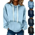 thumbnail image 2 of Otntypg Women’s Denim Hoodie Jacket Lightweight Jean Pullover Casual Long Sleeve with Pocket Drawstring Hooded Sweatshirt Tops Dark Blue M, 2 of 8