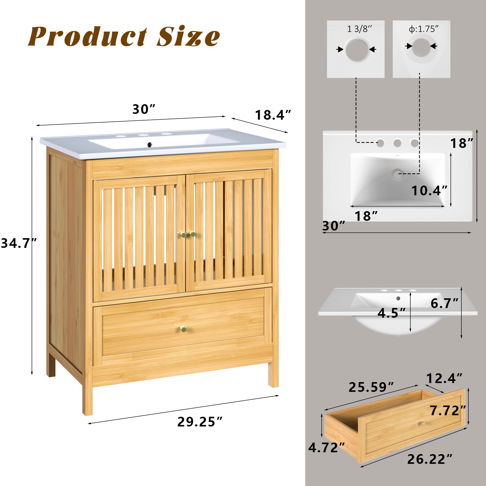 EVOKEDEN 30" Bathroom Vanity w/ Single Sink, Farmhouse Bamboo Storage Cabinet w/ Large Drawer & Built-in Shelves
